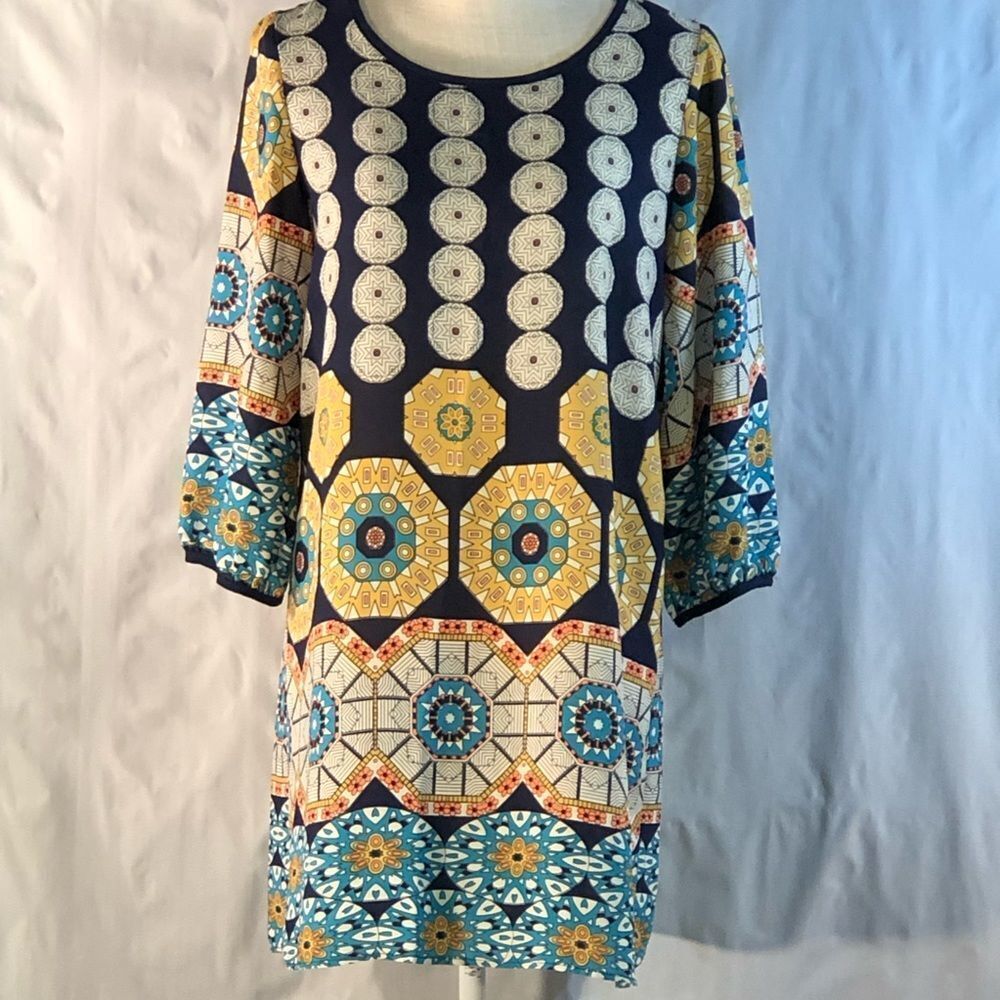 Millibon Dress Navy Teal Gold Geometric Lightweight Scoop Back Sheath EUC M